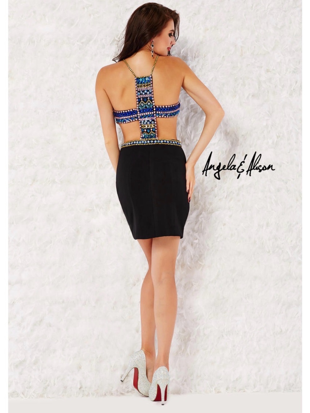 Angela & Alison Black Mini Dress with Multicolor Beaded Halter - Picture 2 of 7